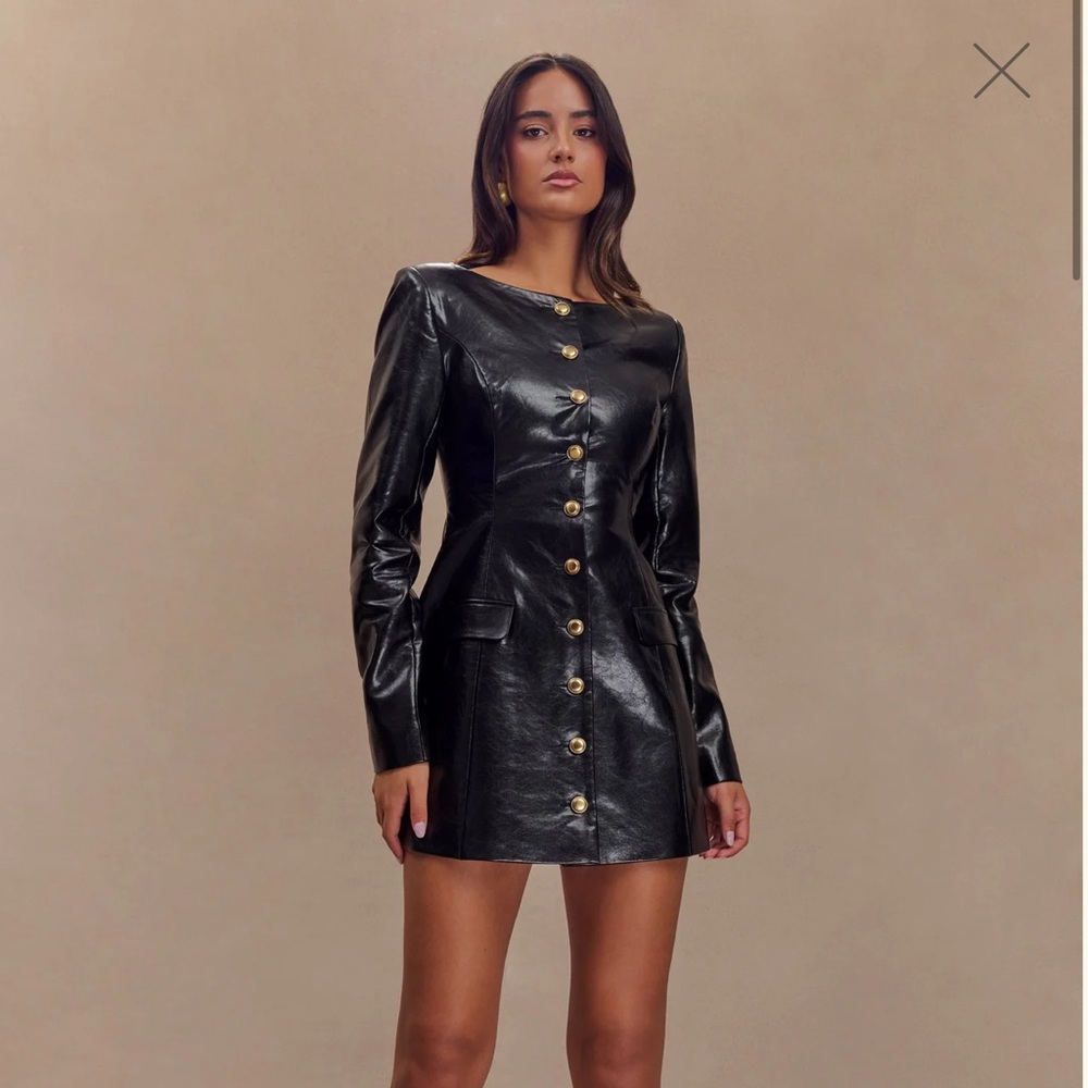 MESHKI Black Faux Leather Button-Up Dress